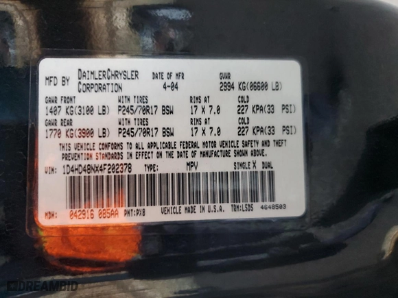 2004 Dodge Durango SLT with VIN 1D4HD48NX4F202378, listed as a Copart auction lot 47530825 with 320,975 mi miles and Salvage Title. Bid and sale history available at carsss.com. Image 13.