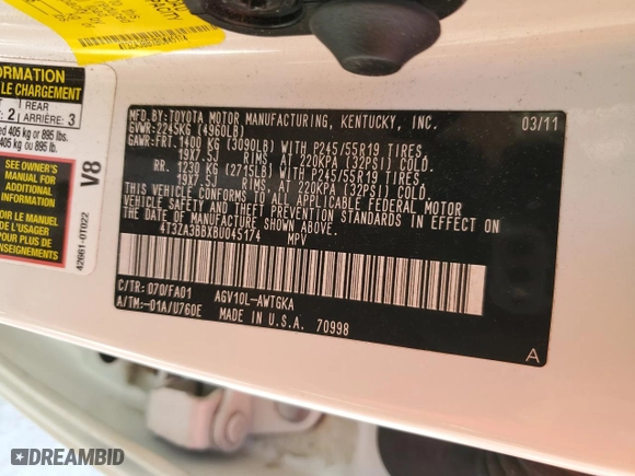 2011 Toyota Venza with VIN 4T3ZA3BBXBU045174, listed as a Copart auction lot 49233255 with NaN miles and Salvage Title. Bid and sale history available at carsss.com. Image 15.