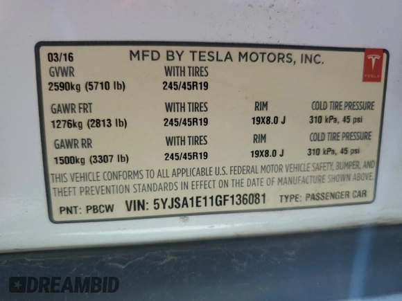 2016 Tesla Model S 70 with VIN 5YJSA1E11GF136081, listed as a Copart auction lot 53470695 with 109,796 mi miles and Clean title. Bid and sale history available at DreamBid. Image 13.