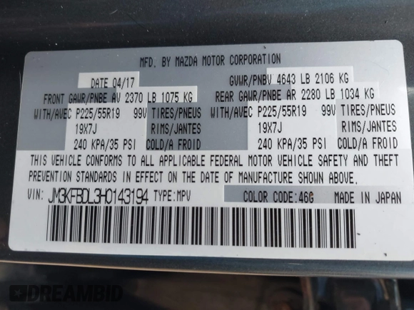 2017 Mazda CX-5 Grand Touring with VIN JM3KFBDL3H0143194, listed as a IAAI auction lot 42049258 with 74,159 mi miles. Bid and sale history available at carsss.com. Image 9.