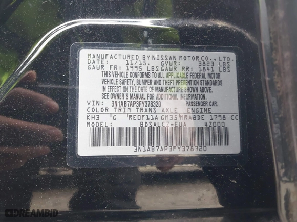 2015 Nissan Sentra S with VIN 3N1AB7AP3FY378320, listed as a IAAI auction lot 41833585 with 58,623 mi miles. Bid and sale history available at carsss.com. Image 9.