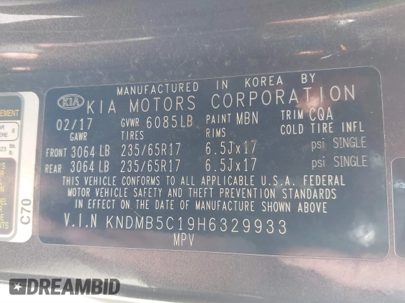2017 Kia Sedona LX with VIN KNDMB5C19H6329933, listed as a IAAI auction lot 41796158 with 101,399 mi miles. Bid and sale history available at carsss.com. Image 9.