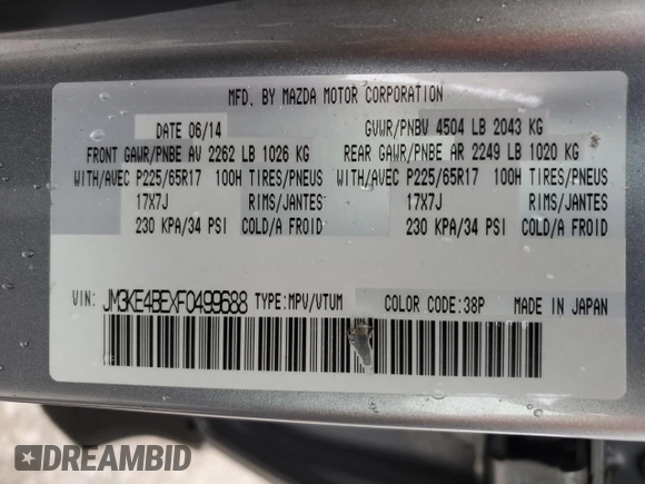 2015 Mazda CX-5 Sport with VIN JM3KE4BEXF0499688, listed as a Copart auction lot 88988095 with 258,460 mi miles and Salvage title. Bid and sale history available at DreamBid. Image 14.