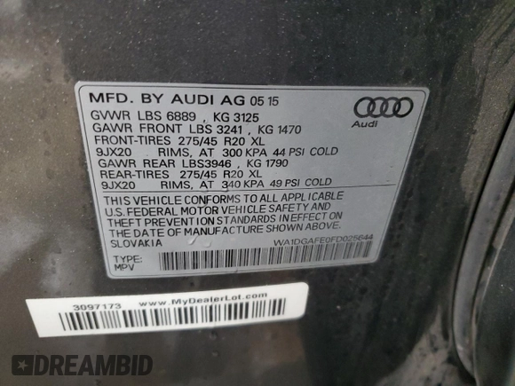 2015 Audi Q7 3.0T S line Prestige with VIN WA1DGAFE0FD025644, listed as a Copart auction lot 47640805 with 105,644 mi miles and Salvage Title. Bid and sale history available at carsss.com. Image 13.