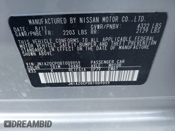 2011 Nissan LEAF SL-e with VIN JN1AZ0CP0BT009059, listed as a IAAI auction lot 41732005 with 98,066 mi miles. Bid and sale history available at carsss.com. Image 9.