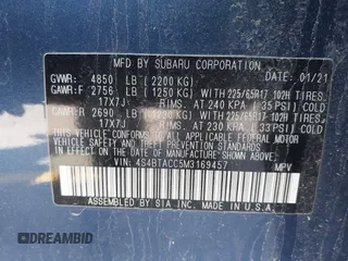 2021 Subaru Outback Premium with VIN 4S4BTACC5M3169457, listed as a IAAI auction lot 41869699 with 58,549 mi miles and . Bid and sale history available at DreamBid. Image 9.
