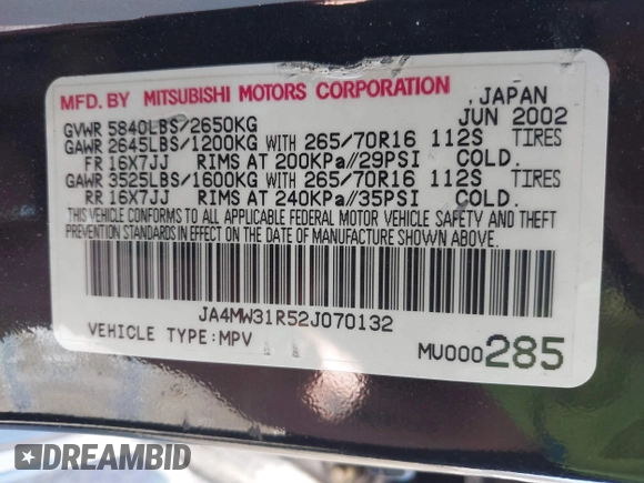 2002 Mitsubishi Montero XLS z VIN JA4MW31R52J070132, wystawiony jako IAAI lot #41782522 z przebiegiem 92 575 mil mil oraz . Historia ofert i sprzedaży dostępna na DreamBid. Obrazek 9.