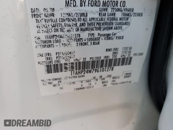 2009 Ford Taurus SEL with VIN 1FAHP24W79G101278, listed as a Copart auction lot 83565524 with 245,887 mi miles and Salvage Title. Bid and sale history available at carsss.com. Image 14.