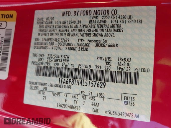 2020 Ford Mustang EcoBoost with VIN 1FA6P8TH4L5157629, listed as a IAAI auction lot 42650450 with 34,152 mi miles and . Bid and sale history available at DreamBid. Image 9.