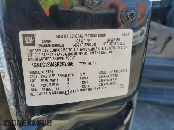 2003 Chevrolet Tahoe LS с VIN 1GNEC13V43R292866, выставлен на аукционе Copart как лот 60574355 с пробегом 250 872 миль миль и Списание • Salvage title. История ставок и продаж доступна на DreamBid. Изображение 12.