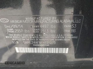 2015 Hyundai Sonata 2.4L SE with VIN 5NPE24AF8FH151075, listed as a IAAI auction lot 41913820 with 208,998 mi miles. Bid and sale history available at carsss.com. Image 9.