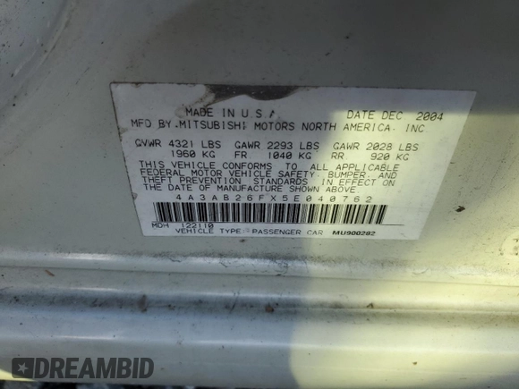 2005 Mitsubishi Galant DE with VIN 4A3AB26FX5E040762, listed as a Copart auction lot 75545084 with 0 mi miles and Salvage Title. Bid and sale history available at carsss.com. Image 12.