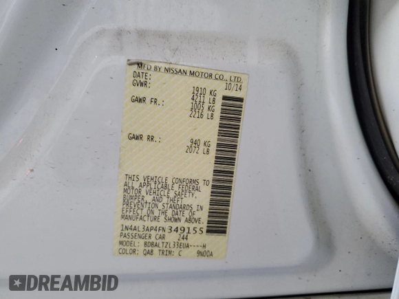 2015 Nissan Altima 2.5 SL with VIN 1N4AL3AP4FN349155, listed as a Copart auction lot 87264624 with 155,153 mi miles and Clean Title. Bid and sale history available at carsss.com. Image 14.