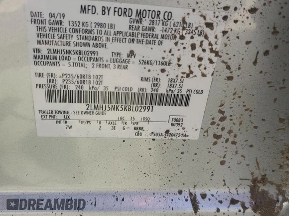 2019 Lincoln MKT with VIN 2LMHJ5NK5KBL02991, listed as a Copart auction lot 67745224 with 230,727 mi miles and Salvage Title. Bid and sale history available at DreamBid. Image 14.