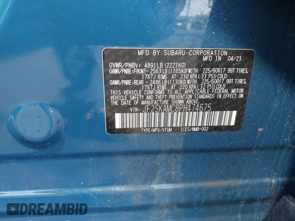 2023 Subaru Forester Wilderness z VIN JF2SKAMC8PH474675, wystawiony jako IAAI lot #42279893 z przebiegiem 27 604 mil mil oraz . Historia ofert i sprzedaży dostępna na DreamBid. Obrazek 9.
