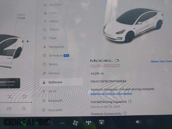 2021 Tesla Model 3 Performance with VIN 5YJ3E1EC2MF084594, listed as a IAAI auction lot 42030339 with 43,215 mi miles and . Bid and sale history available at DreamBid. Image 15.