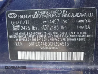 2012 Hyundai Sonata SE with VIN 5NPEC4AB0CH394515, listed as a IAAI auction lot 42141968 with Not Provided miles and . Bid and sale history available at carsss.com. Image 9.