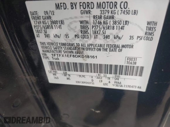 2013 Ford F-150 XL с VIN 1FTFX1EF8DKD18161, выставлен на аукционе IAAI как лот 42291625 с пробегом 228 465 миль миль и . История ставок и продаж доступна на DreamBid. Изображение 9.