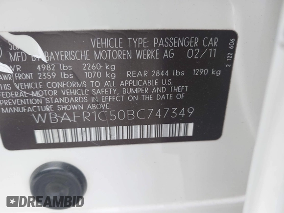 2011 BMW 5 Series 528i with VIN WBAFR1C50BC747349, listed as a IAAI auction lot 42021678 with 120,227 mi miles and . Bid and sale history available at carsss.com. Image 9.