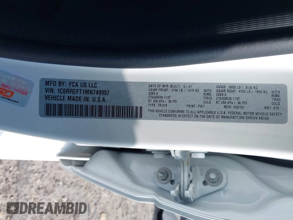 2021 Ram 1500 Lone Star с VIN 1C6RREFT1MN749997, выставлен на аукционе IAAI как лот 41306635 с пробегом 59 451 миль миль и . История ставок и продаж доступна на DreamBid. Изображение 9.