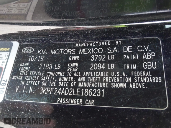 2020 Kia Forte LXS with VIN 3KPF24AD2LE186231, listed as a IAAI auction lot 41972941 with 65,415 mi miles and . Bid and sale history available at carsss.com. Image 9.