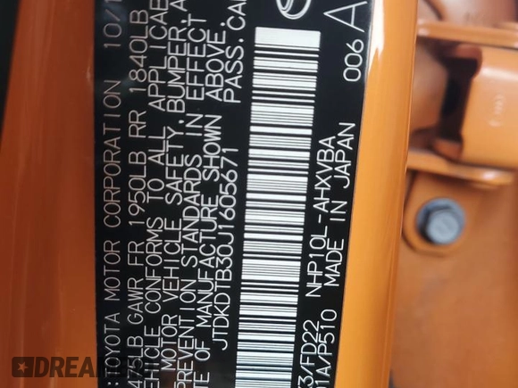 2018 Toyota Prius One with VIN JTDKDTB30J1605671, listed as a Copart auction lot 43071735 with 96,273 mi miles and Salvage Title. Bid and sale history available at DreamBid. Image 12.