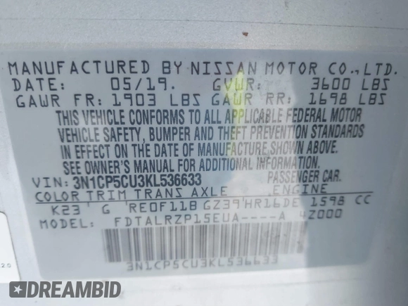 2019 Nissan Kicks S with VIN 3N1CP5CU3KL536633, listed as a IAAI auction lot 41740467 with 112,413 mi miles. Bid and sale history available at carsss.com. Image 9.