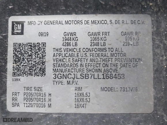 2020 Chevrolet Trax LT with VIN 3GNCJLSB7LL168453, listed as a IAAI auction lot 41568602 with 76,610 mi miles. Bid and sale history available at carsss.com. Image 9.