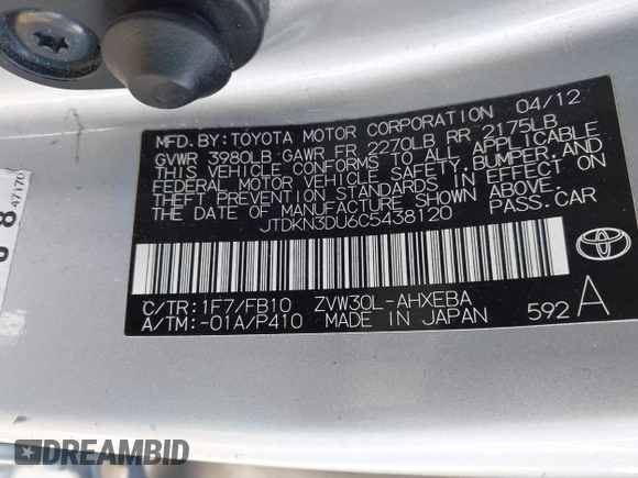 2012 Toyota Prius One with VIN JTDKN3DU6C5438120, listed as a IAAI auction lot 41845598 with 102,643 mi miles and . Bid and sale history available at carsss.com. Image 9.