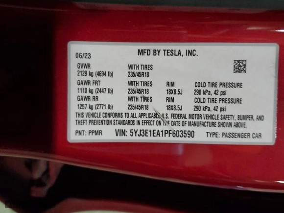 2023 Tesla Model 3 with VIN 5YJ3E1EA1PF603590, listed as a Copart auction lot 82922644 with 27,370 mi miles and Non Repairable. Bid and sale history available at carsss.com. Image 12.