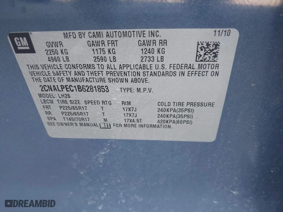2011 Chevrolet Equinox LT w/2LT with VIN 2CNALPEC1B6281853, listed as a IAAI auction lot 41774017 with 114,476 mi miles. Bid and sale history available at carsss.com. Image 9.