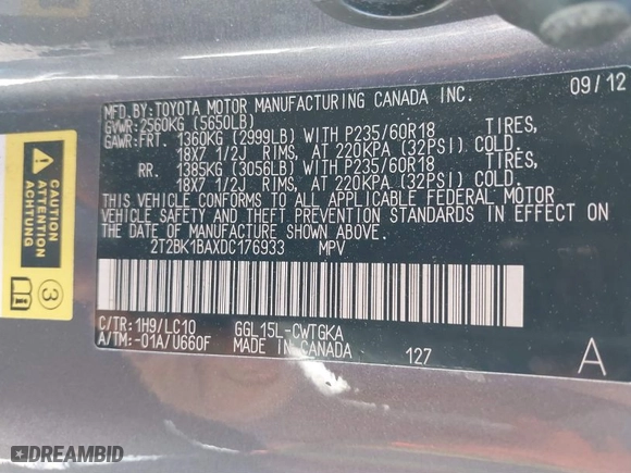 2013 Lexus RX 350 with VIN 2T2BK1BAXDC176933, listed as a IAAI auction lot 41886206 with 152,009 mi miles. Bid and sale history available at carsss.com. Image 9.