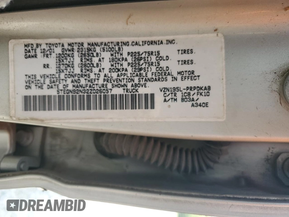 2002 Toyota Tacoma PreRunner with VIN 5TEGN92N32Z026057, listed as a Copart auction lot 59624115 with 174,835 mi miles and Salvage title. Bid and sale history available at DreamBid. Image 13.