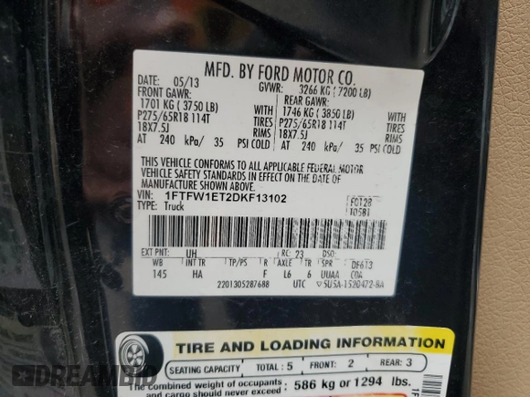 2013 Ford F-150 XL z VIN 1FTFW1ET2DKF13102, wystawiony jako Copart lot #58596235 z przebiegiem 110 298 mil mil oraz Szkoda całkowita • Salvage title. Historia ofert i sprzedaży dostępna na DreamBid. Obrazek 13.