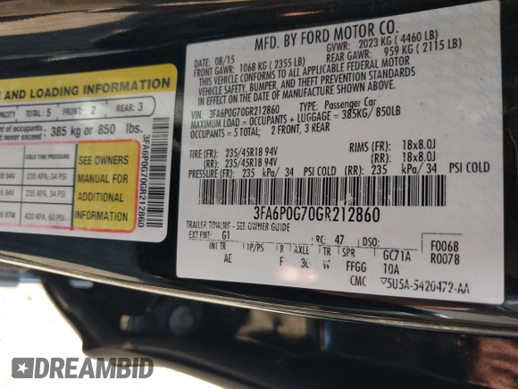 2016 Ford Fusion S с VIN 3FA6P0G70GR212860, выставлен на аукционе IAAI как лот 42538953 с пробегом 161 579 миль миль и . История ставок и продаж доступна на DreamBid. Изображение 9.