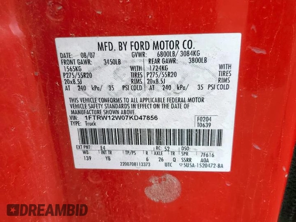 2007 Ford F-150 XLT with VIN 1FTRW12W07KD47856, listed as a Copart auction lot 58524485 with 180,359 mi miles and Clean title. Bid and sale history available at DreamBid. Image 12.