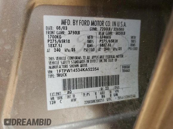 2004 Ford F-150 XLT with VIN 1FTPW14534KA52354, listed as a Copart auction lot 51713855 with 148,707 mi miles and Salvage title. Bid and sale history available at DreamBid. Image 15.