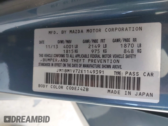 2014 Mazda 3 i Touring with VIN JM1BM1V72E1149391, listed as a IAAI auction lot 42056873 with 147,363 mi miles and . Bid and sale history available at DreamBid. Image 9.