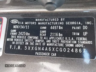 2012 Kia Optima EX with VIN 5XXGN4A6XCG024867, listed as a IAAI auction lot 42079549 with 119,563 mi miles and . Bid and sale history available at carsss.com. Image 9.