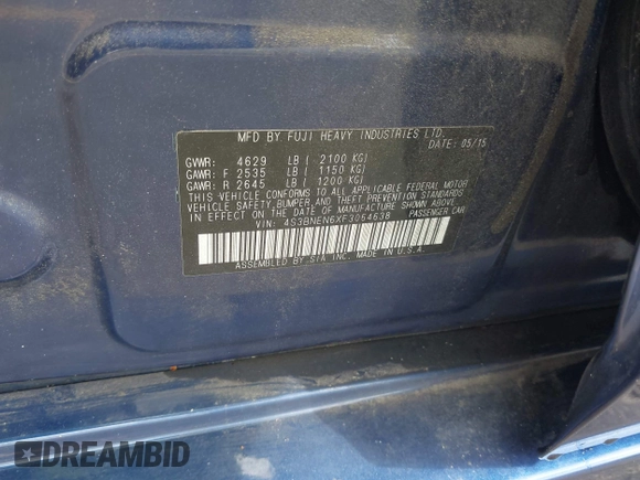 2015 Subaru Legacy 3.6R Limited with VIN 4S3BNEN6XF3064638, listed as a IAAI auction lot 41945143 with 67,846 mi miles. Bid and sale history available at carsss.com. Image 9.