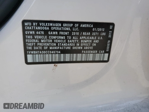 2012 Volkswagen Passat SE with VIN 1VWBH7A30CC045734, listed as a Copart auction lot 61510605 with 130,035 mi miles and Salvage title. Bid and sale history available at DreamBid. Image 13.