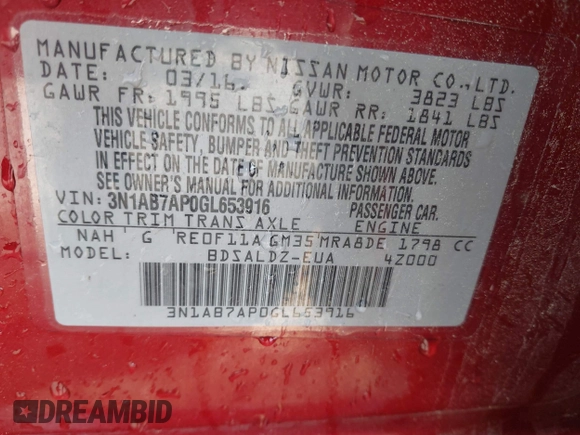 2016 Nissan Sentra SV with VIN 3N1AB7AP0GL653916, listed as a IAAI auction lot 41942925 with 198,632 mi miles and . Bid and sale history available at DreamBid. Image 9.