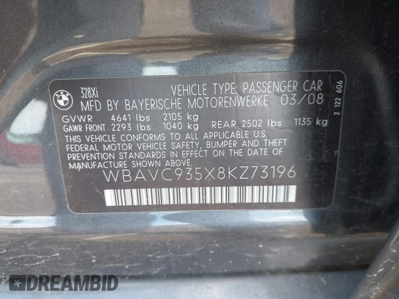 2008 BMW 3 Series 328xi with VIN WBAVC935X8KZ73196, listed as a IAAI auction lot 42539019 with 712,406 mi miles and . Bid and sale history available at DreamBid. Image 9.