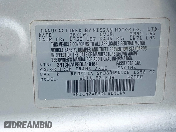 2013 Nissan Versa SV with VIN 3N1CN7AP5DL819164, listed as a IAAI auction lot 42731285 with 155,858 mi miles and . Bid and sale history available at DreamBid. Image 9.