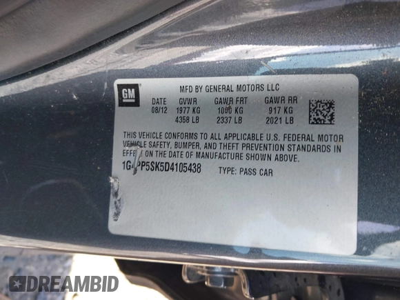 2013 Buick Verano with VIN 1G4PP5SK5D4105438, listed as a IAAI auction lot 42522844 with 138,841 mi miles and . Bid and sale history available at DreamBid. Image 9.