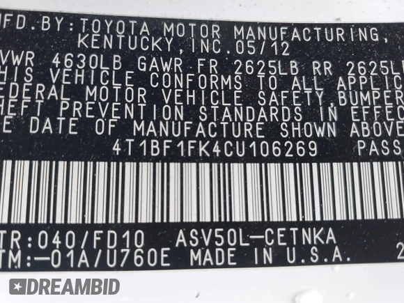 2012 Toyota Camry L with VIN 4T1BF1FK4CU106269, listed as a IAAI auction lot 41934780 with 137,867 mi miles. Bid and sale history available at carsss.com. Image 9.
