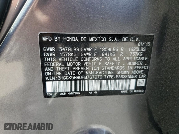 2015 Honda Fit EX-L with VIN 3HGGK5H80FM767970, listed as a Copart auction lot 55866075 with 64,435 mi miles and Salvage Title. Bid and sale history available at DreamBid. Image 13.