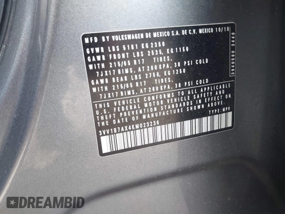 2019 Volkswagen Tiguan S с VIN 3VV1B7AX4KM023236, выставлен на аукционе IAAI как лот 41687279 с пробегом 42 222 миль миль и . История ставок и продаж доступна на DreamBid. Изображение 9.