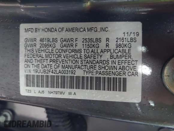 2020 Acura TLX w/Technology Pkg with VIN 19UUB2F42LA003192, listed as a IAAI auction lot 41482802 with 34,995 mi miles. Bid and sale history available at carsss.com. Image 9.
