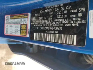 2022 Kia Rio LX with VIN 3KPA24AD3NE468231, listed as a Copart auction lot 49903475 with 62,187 mi miles and Salvage Title. Bid and sale history available at carsss.com. Image 12.